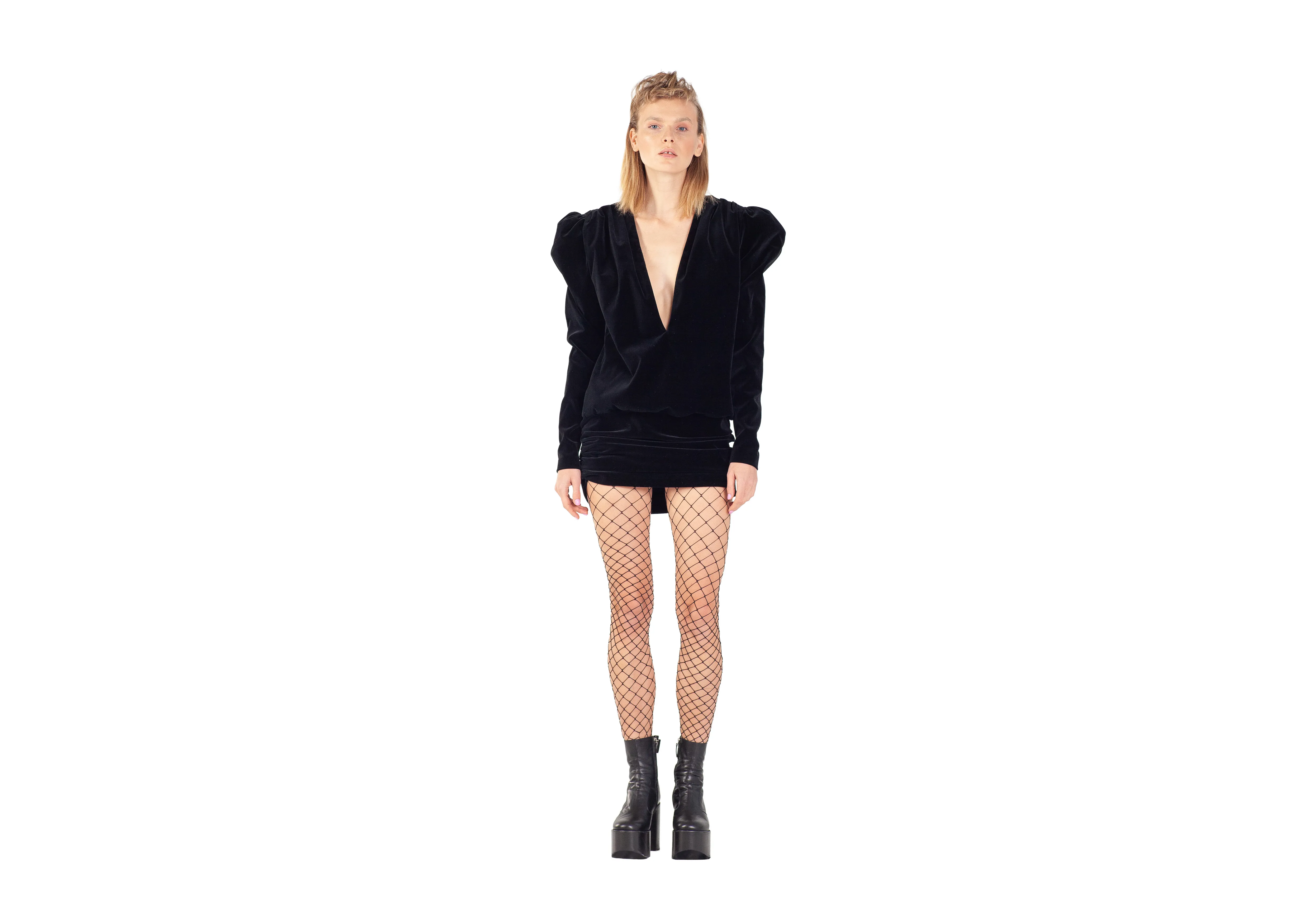 Black velvet DRESS with shoulder PADS